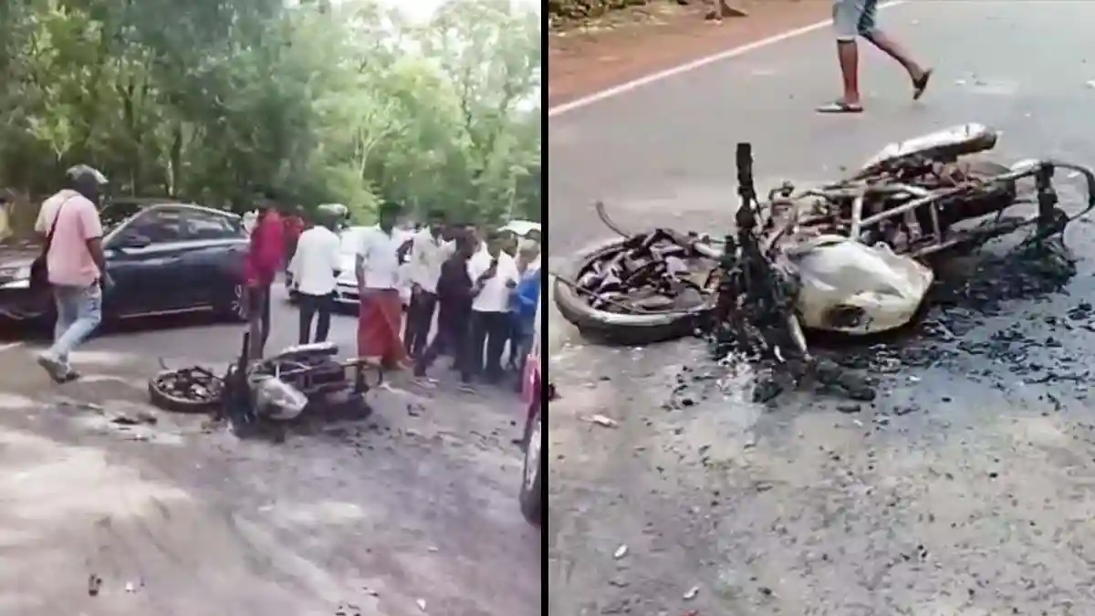 Bike-burnt-during-an-accident-near-Avinahalli-in-Sagara-taluk.