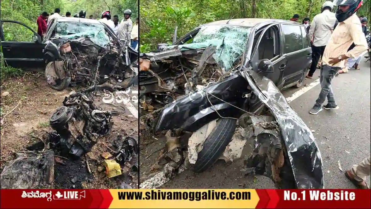 ಭದ್ರಾವತಿ ಜಂಕ್ಷನ್ ಸಮೀಪ ಅಪಘಾತ, ಯುವಕ ಸಾವು, ಕಾರಿನ ಮುಂಭಾಗ ನಜ್ಜುಗುಜ್ಜು 1 Car-accident-near-Ranganathapura-in-Shankaraghatta-road.