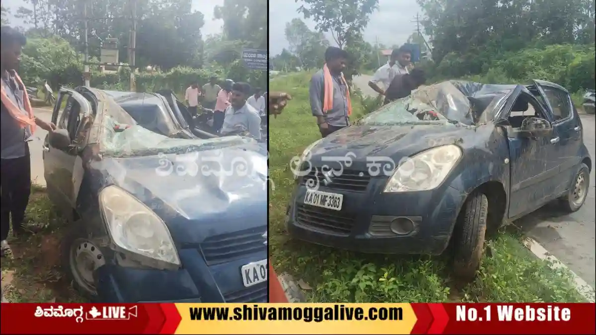 Car-jumps-divider-at-Sogane-in-Shimoga-NR-Pura-Road.