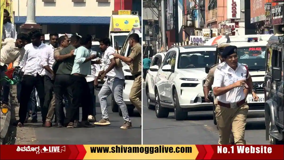 ಶಿವಮೊಗ್ಗದಲ್ಲಿ ಕೇಂದ್ರ ಸಚಿವರ ಕಾರಿಗೆ ದಿಢೀರ್ ಮುತ್ತಿಗೆ, ಕಪ್ಪು ಬಾವುಟ ಪ್ರದರ್ಶನ 1 Youth-Congress-Workers-show-black-flag-to-Railway-minister-V-Somanna-in-Shivamogga